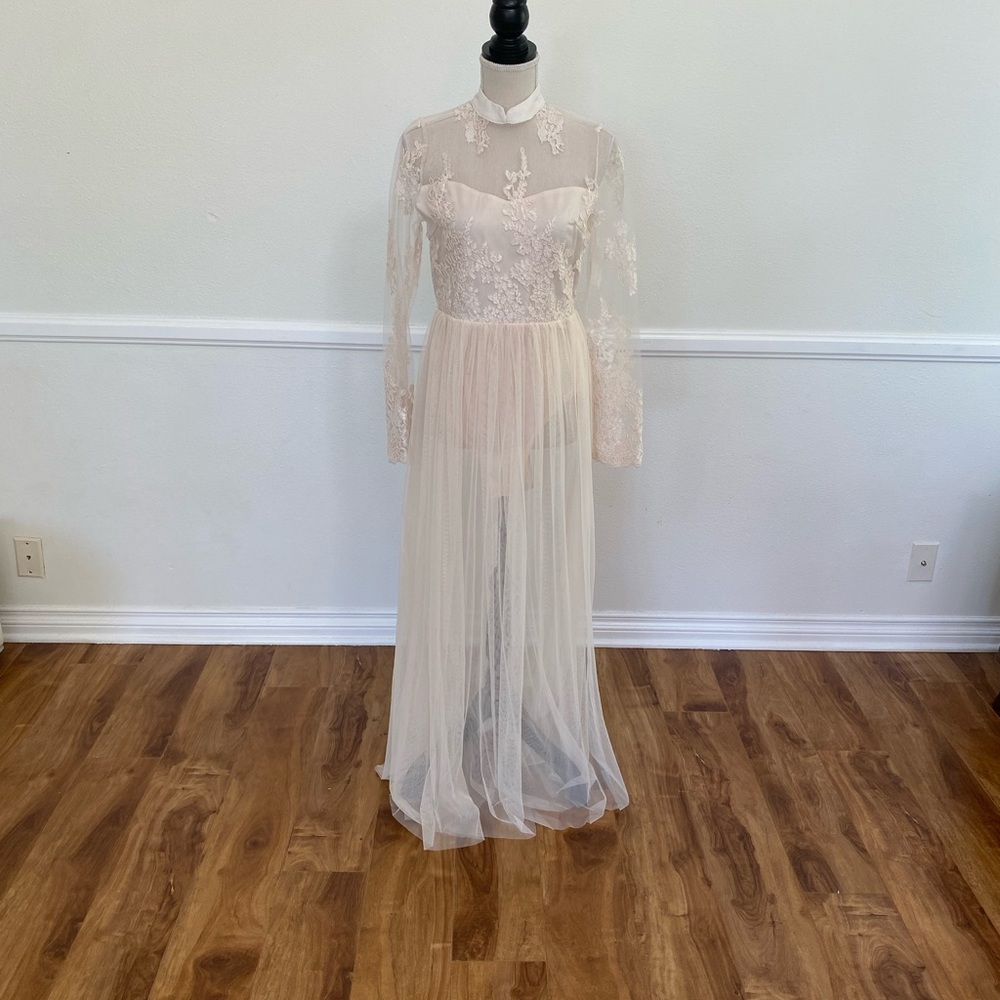 Cream lace mesh maxi dress